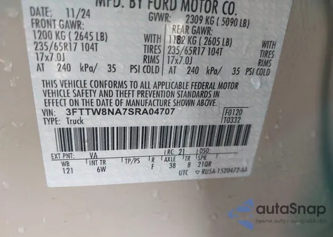 2025 Ford Maverick Tremor из США, поврежденный, VIN 3FTTW8NA7SRA04707